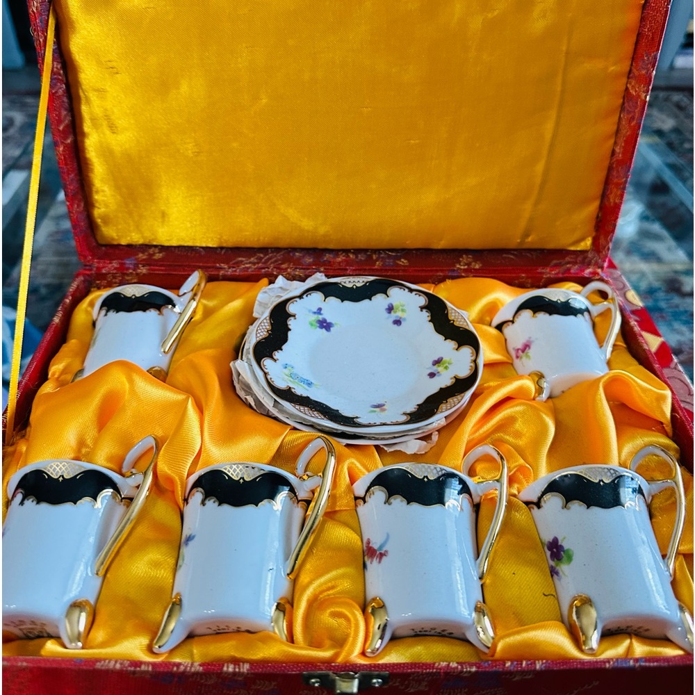 Tiger Yedi Porcelain Japan Floral Demitasse Teacup & Saucer w Box Set 6 NEW